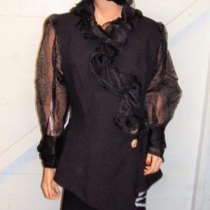 Vintage Maick Harold Paris Black Sheer Lace Ruffled Asymmetrical Jacket L